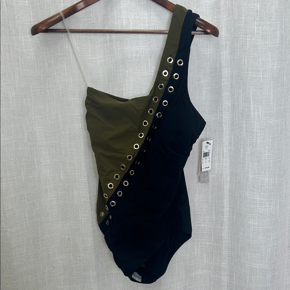 Amoressa Black & Olive Green One Shoulder One-Piece Swimsuit Size 10 NWT